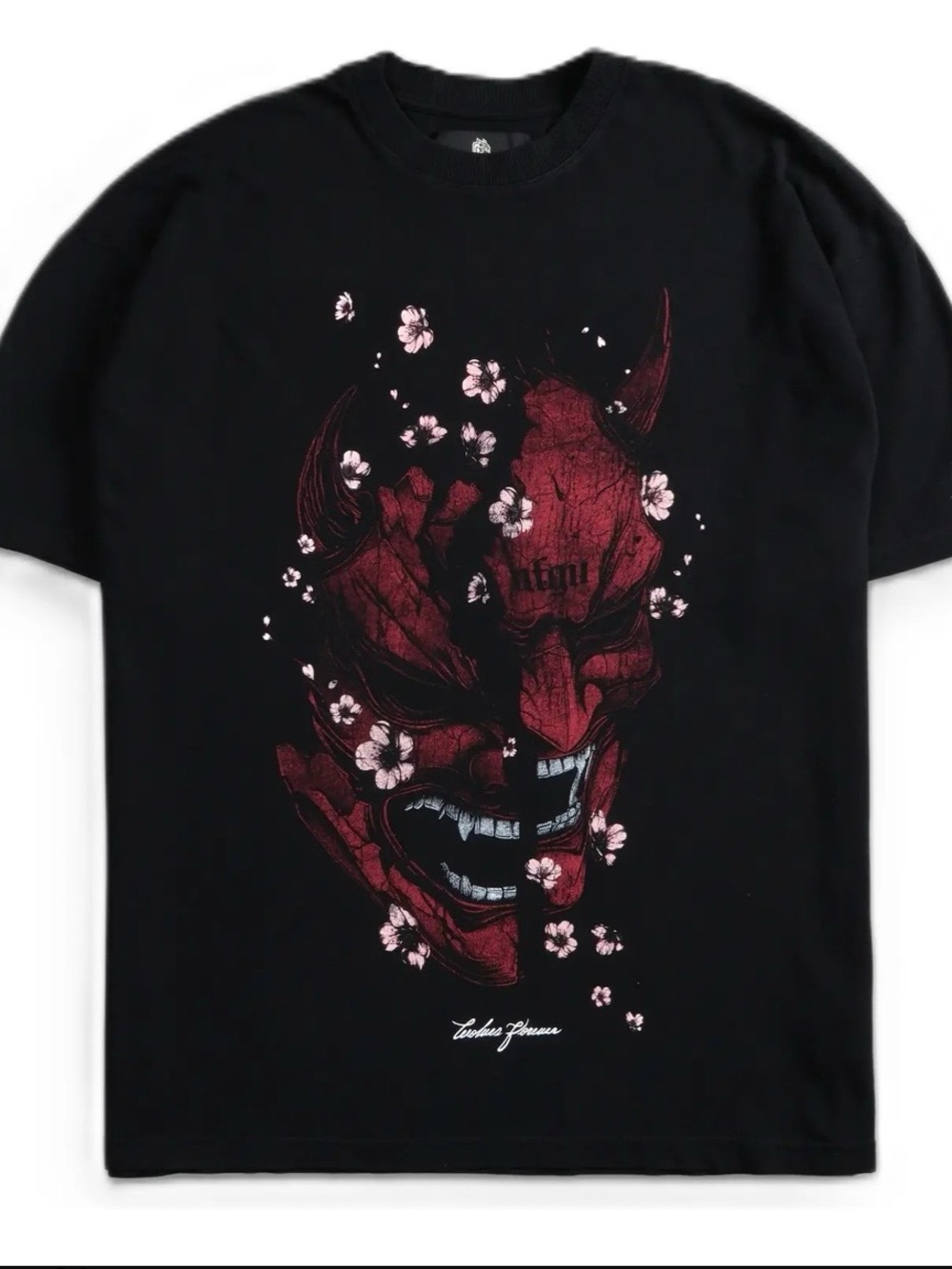 Darc Sport Black Tee with Red Demon Mask and Pink Blossoms